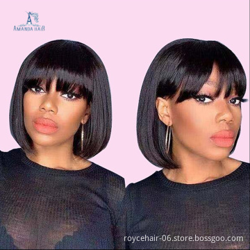 Free Sample Brazilian Virgin Remy Human Hair Silky Straight Natural Black Short Bob Wigs with Bangs for Black Women